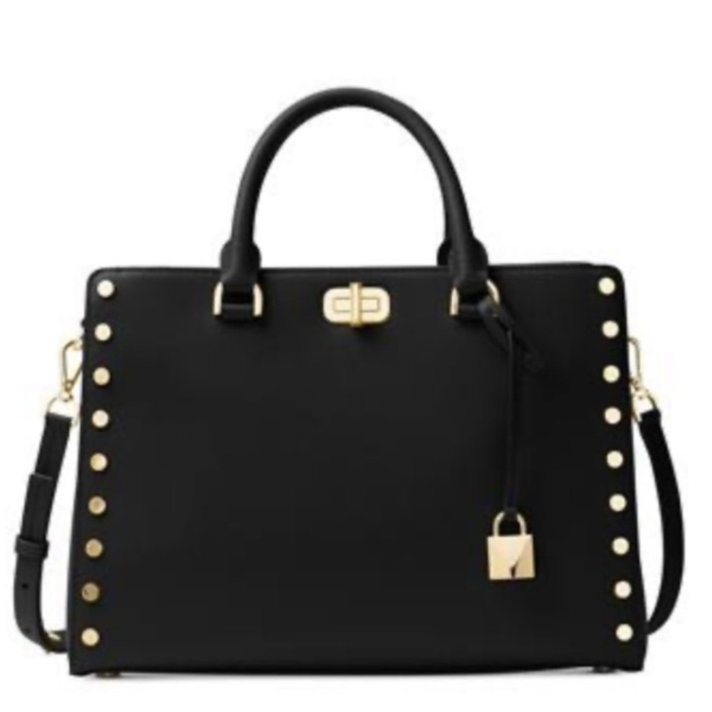 Michael Kors Studded Leather Satchel Handbag Black/Gold One Size - Picture 2 of 16